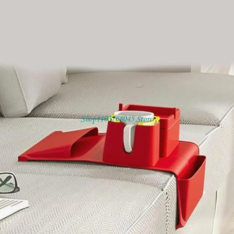 R53F Universal Sofa Armrest Cup Holder Rack With Deeply Grooves And Side Pockets For Beverages Magazines And Accessories
