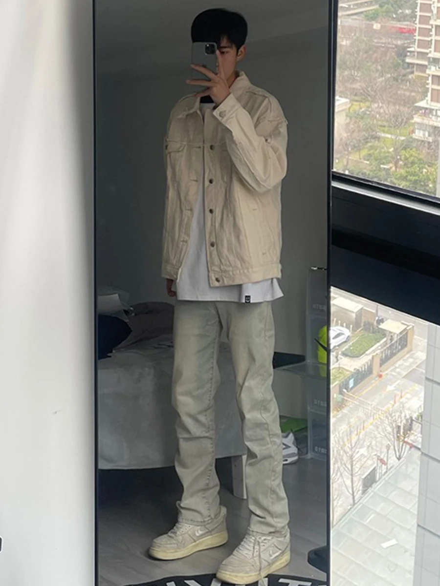 

Мужские джинсы Waed в винтажном стиле, прямого кроя, с эффектом желтой глины, слегка расклешенные, в американском ретро-стиле, молодежные, трендовые, из хлопка