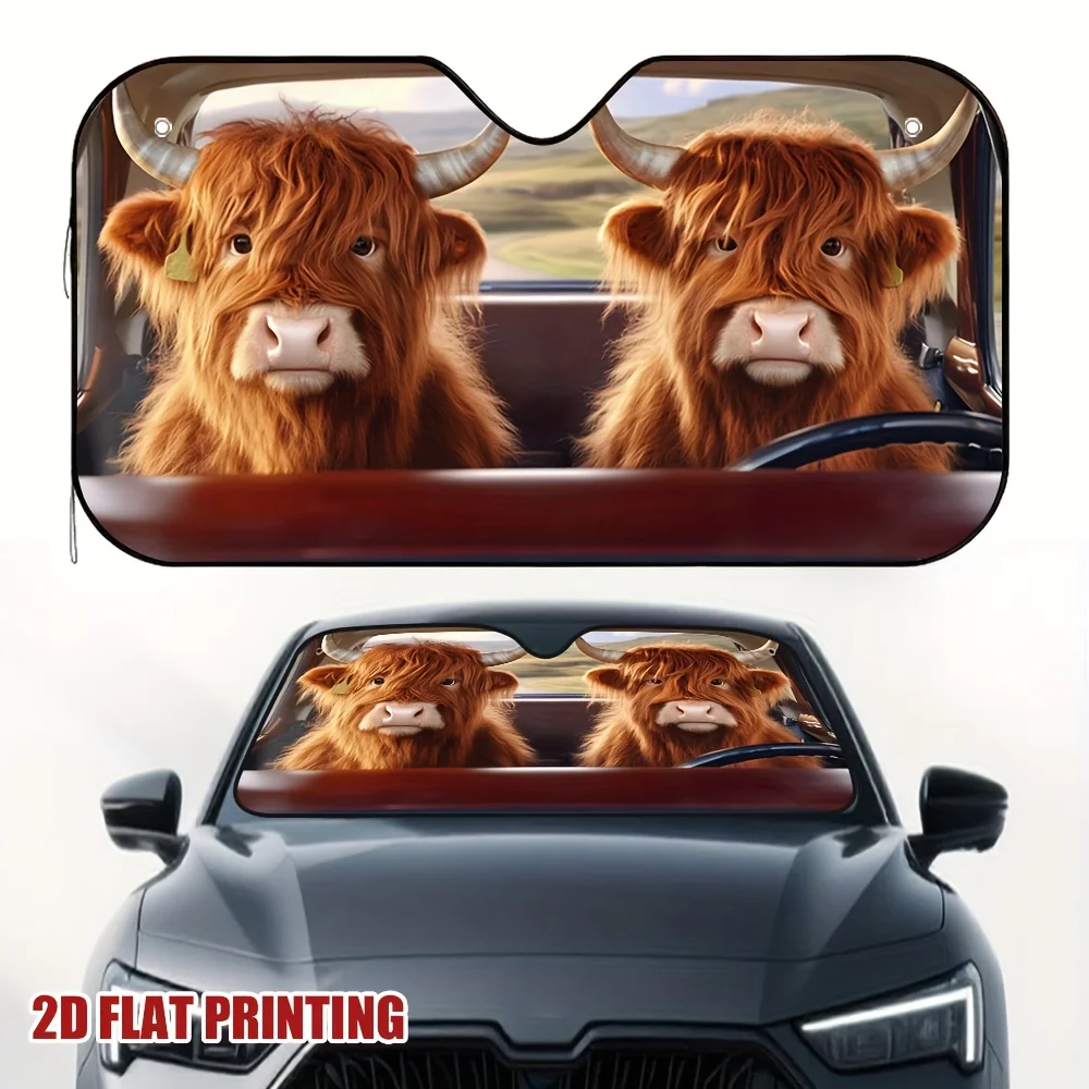 1pc Driving Highland Cows Car Sun Visor, Perfect For Hot Weather Driving, Reduces Direct Sunlight, Keeps The Car Interior Cool.
