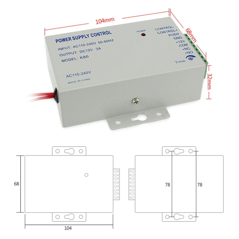 K80 Power Supply Control for DC 12V 3A for Exit Button Magnetic Lock Door Access Control System Accessories 110-240V