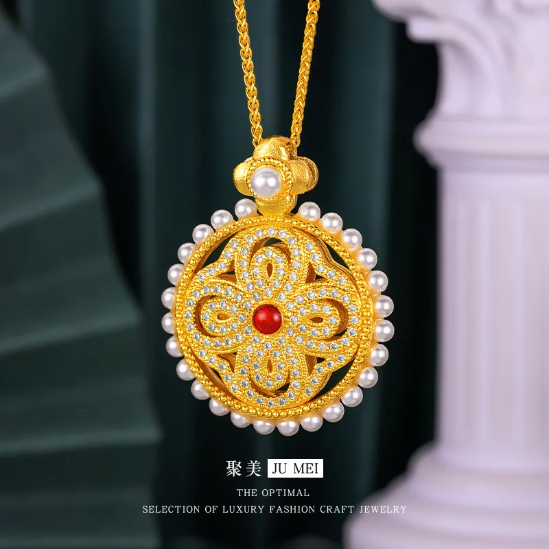 

Luxury 24K 9999 Pure Gold real gold Women's Pearl-inlaid Hollow Filament Plum Blossom Disc Pendant Necklace