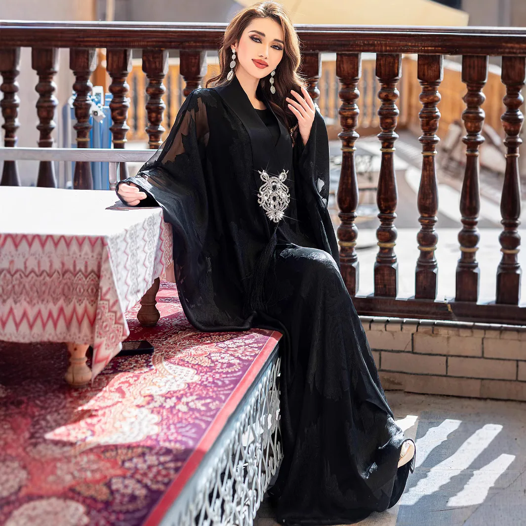

Luxury Black Embroidery Abaya Dubai Chiffon Kimono Open Abayas for Women Muslim Dress Djellaba Eid Ramadan Islam Robe Caftan New