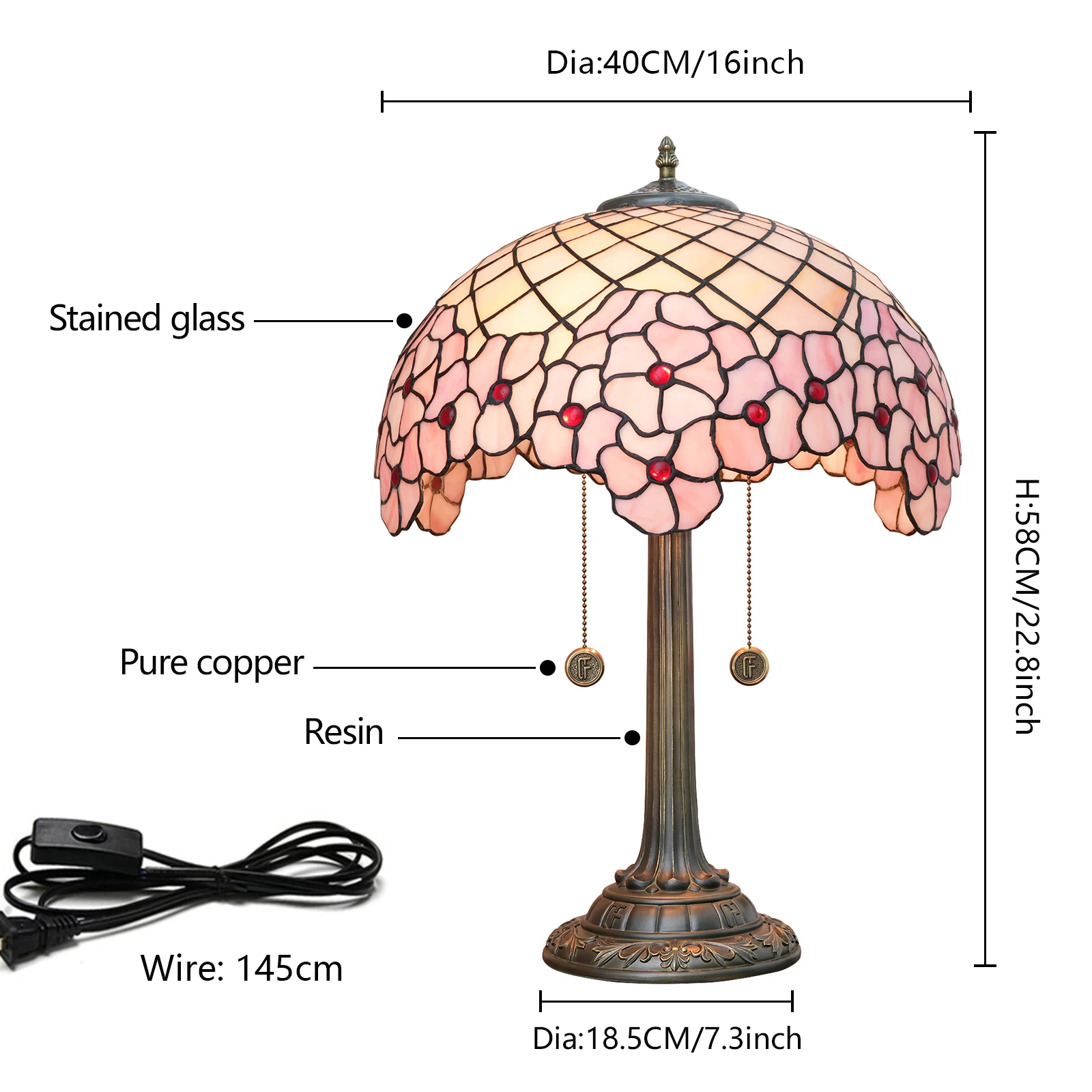Pink cherry blossoms Stained Glass Table Lamp 16 inch Large Desk Light Antique Beside Reading Lamp for Home Living Room Office