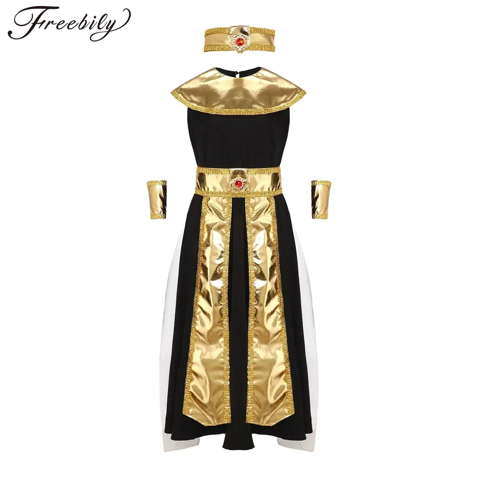 Disfraz de Reina egipcia real para niñas, disfraz de Cleopatra para Halloween, vestido elegante de Egipto para niños, conjunto de vestido con guantes y brazo de corona de Metal de 3 uds.