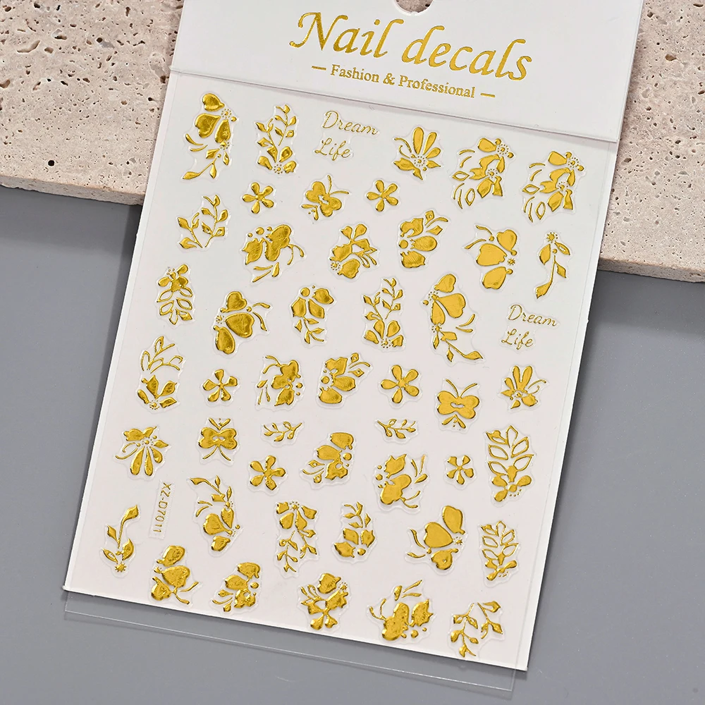 Autocollant pour ongles 3D doré bronzant, fleur de bohémien, feuilles florales métalliques rétro, décalcomanies auto-adhésives, curseur de manucure en fleurs, 1 pièce