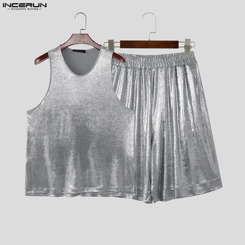 INCERUN Men's Sets Shiny Solid O-neck Sleeveless Tank Tops Shorts Two Piece Sets Streetwear 2026 Fashion Men Matching Sets S-5XL - view 5
