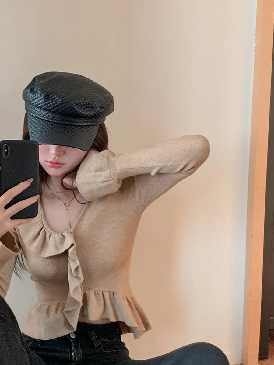 Sweet Style Long Sleeve Knitted Sweater Women's Autumn Winter plus Size Irregular Hem Bell Sleeve Base Layer Top view 3