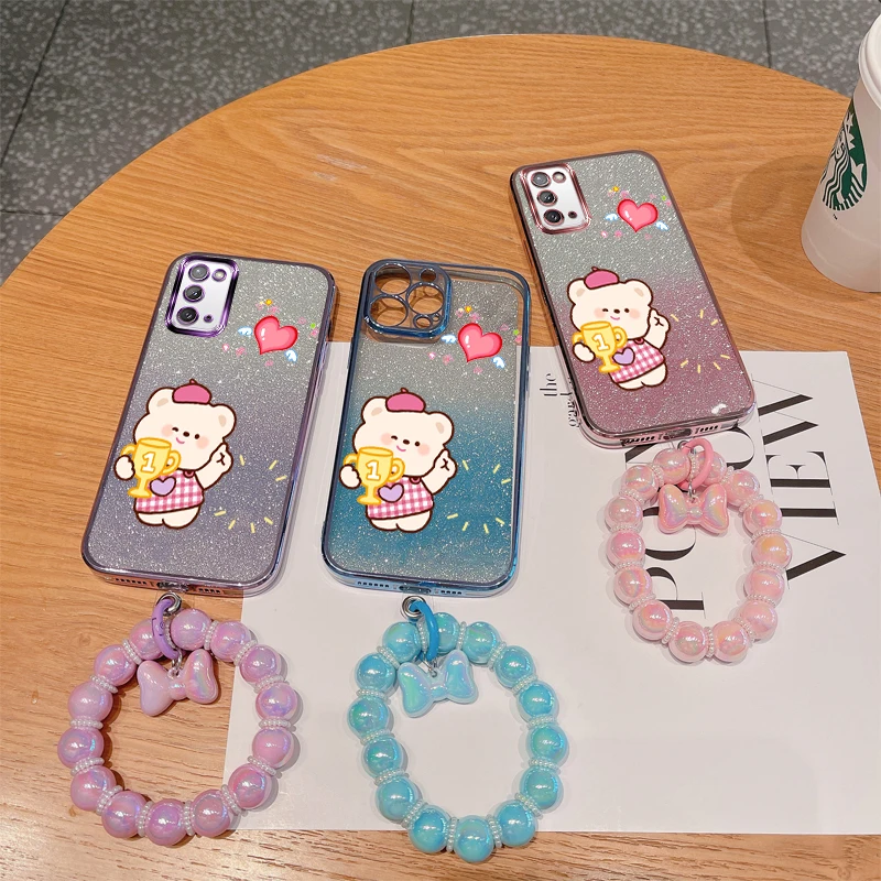 Glitter Print Win Bear & Bracelet Shockproof Phone Case For Samsung Galaxy Note20 Note10 Note9 Note8 Plus Ultra Back Cover
