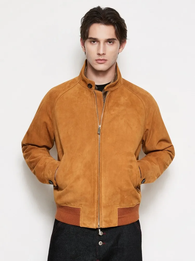 Italian Style Vintage Mens Genuine Leather Jacket Stand Collar Zipper Loose Fit High Quality Suede Sheepskin Casual Pilot Coat