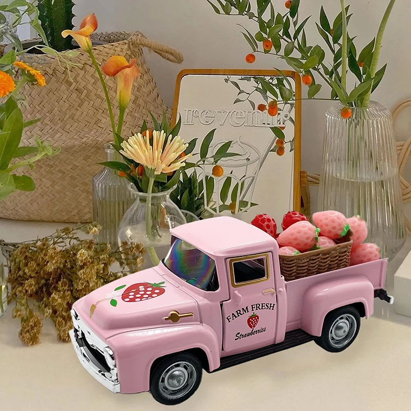 Strawberry Decor 5 Inch Vintage Truck With Mini Fake Strawberries And Wooden Crate Farmhouse Tiered Tray Decor..