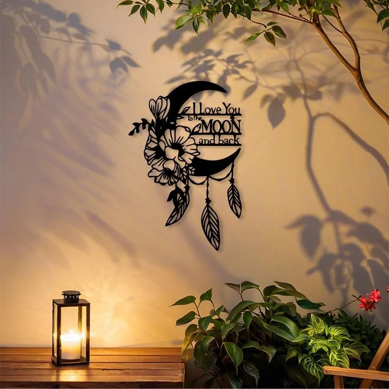 CIFbuy Metal Wall Art Moon Flower I Love You To The Moon And Back Iron Decor Bedroom Living Room Home Hanging Sign Ornament