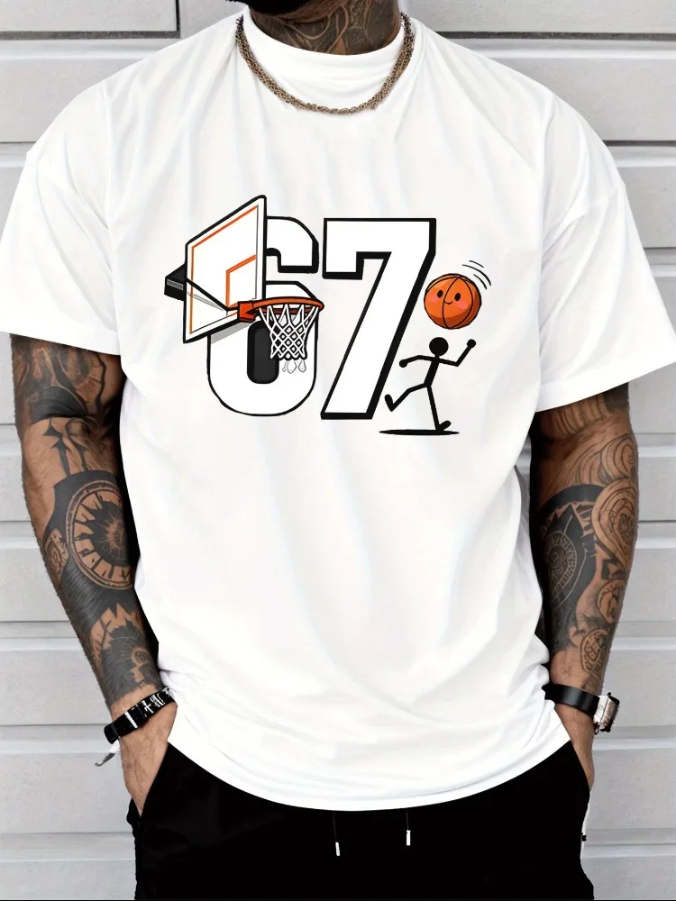 Mens Trendy Summer Crew Neck Tee Cute 67 Basketball Backboard Smiling Ball Running Man Graphic Soft Breathable Loose Fit Top