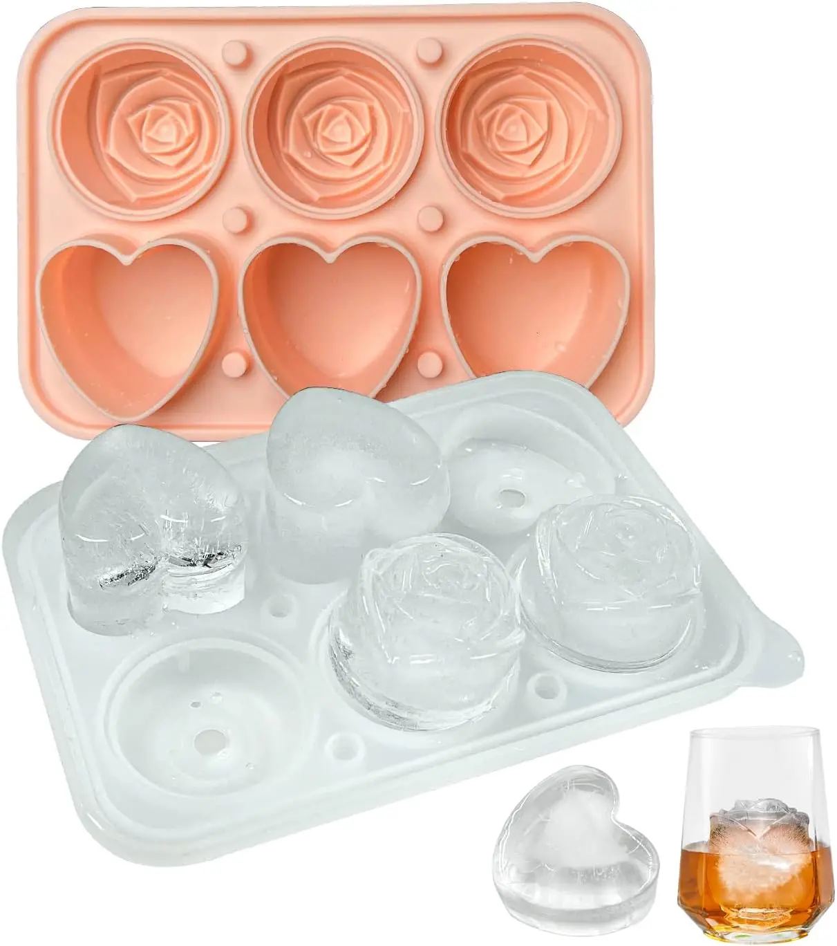 

Ice Cube Mold, Heart Shapes Ice Cube Tray, Silicone Ice Mold Fun Shapes with Clear Funnel-type Lid, 3 Heart &amp