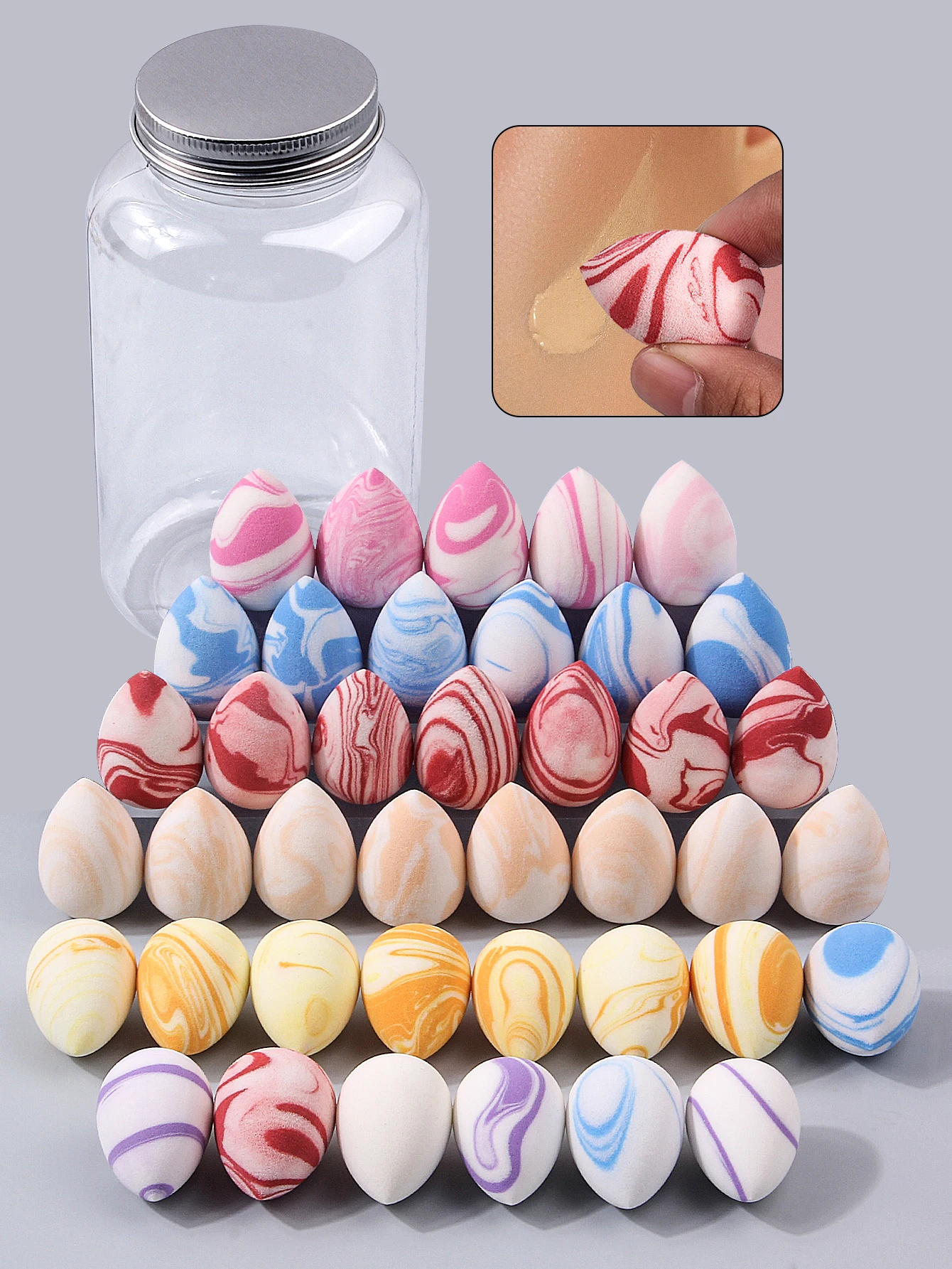 Marmerpatroon 40-delige mini-make-upsponsset, veelkleurige make-upmengspons voor vloeistof/crème/poeder, nat en droog, met opslagpot