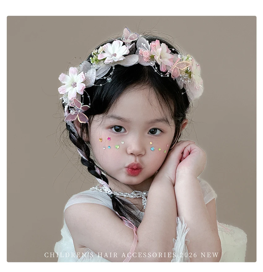 2026 Neues Fairycore Coquette Prinzessinnen-Blumen-Schmetterling-Stirnband Rosa Tüll-Spitze Schleife Strass-Haarband für Mädchen Kleinkinder Kinder – Detail 5