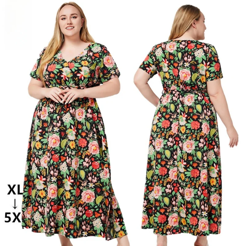 

2024 European and American plus Size Women's Clothes Summer New V Collar Short Sleeve Printed Large Swing Bohemian Dress