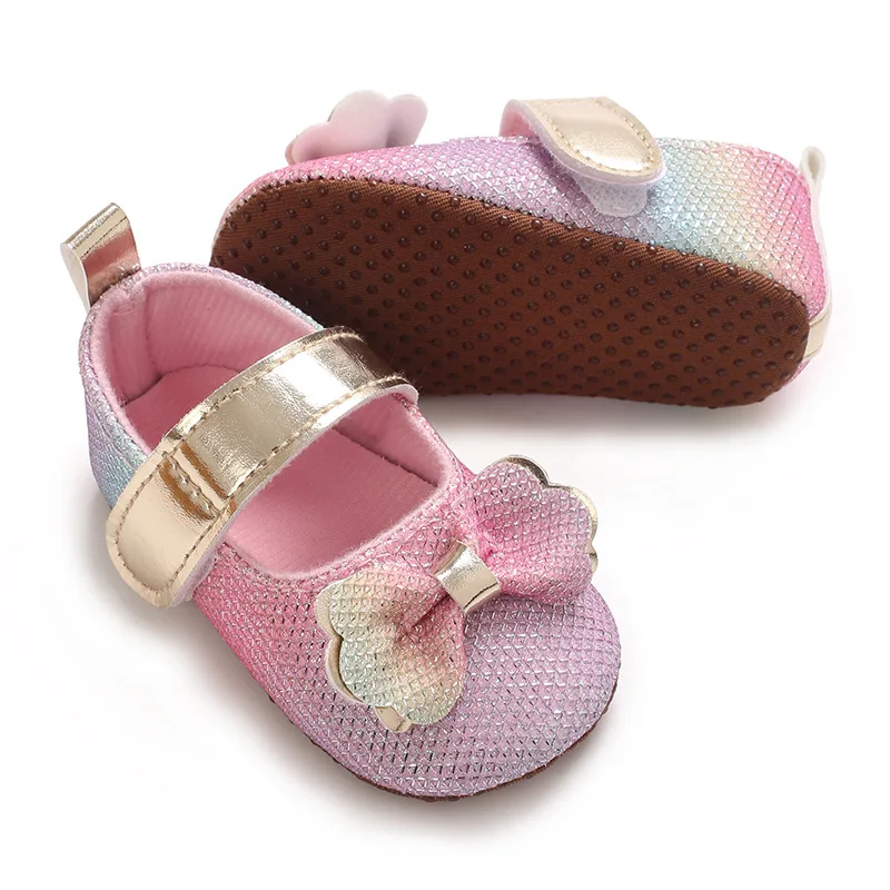 Bild 4: 2026 0-1J Baby-Schuhe mit Farbverlauf und Glitzer-Obermaterial, 3D-Schleife, für Mädchen, mit Klettverschluss/Elastikbändern, Freizeitschuhe