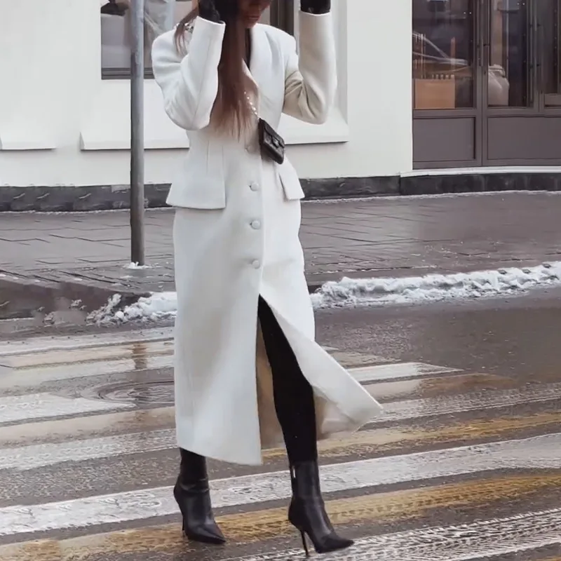 

Women's Solid Color Lapel Cardigan Long Coat Autumn Winter Warm Outerwear with Buttons European And United States Style