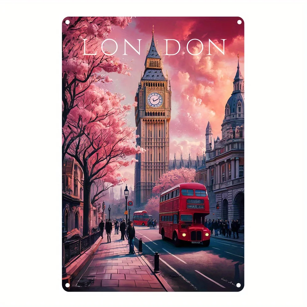 Vintage London Art Print - Tin Wall Sign with Big Ben & Red Double-Decker Bus, for Home, Office, or Bar Decor, Perfect Gift for
