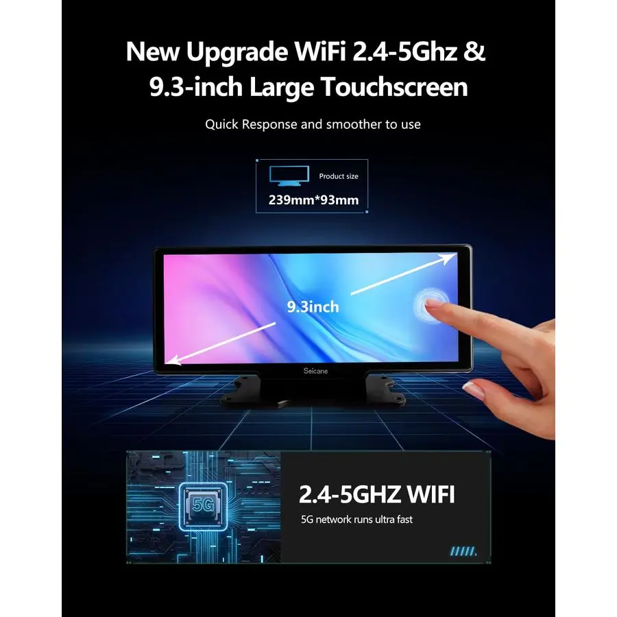 Экран Carplay с видеорегистратором 4K, беспроводной Carplay и Android Auto, 9,3-дюймовый портативный сенсорный экран для автомобиля с резервной камерой 1080P