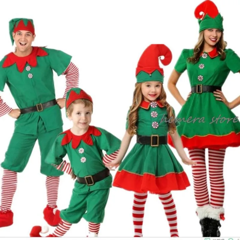 Christmas Santa Claus Costume Green Elf Cosplay Family Carnival Party New Year Fancy Dress Clothes Set For Men Women Girls Boys