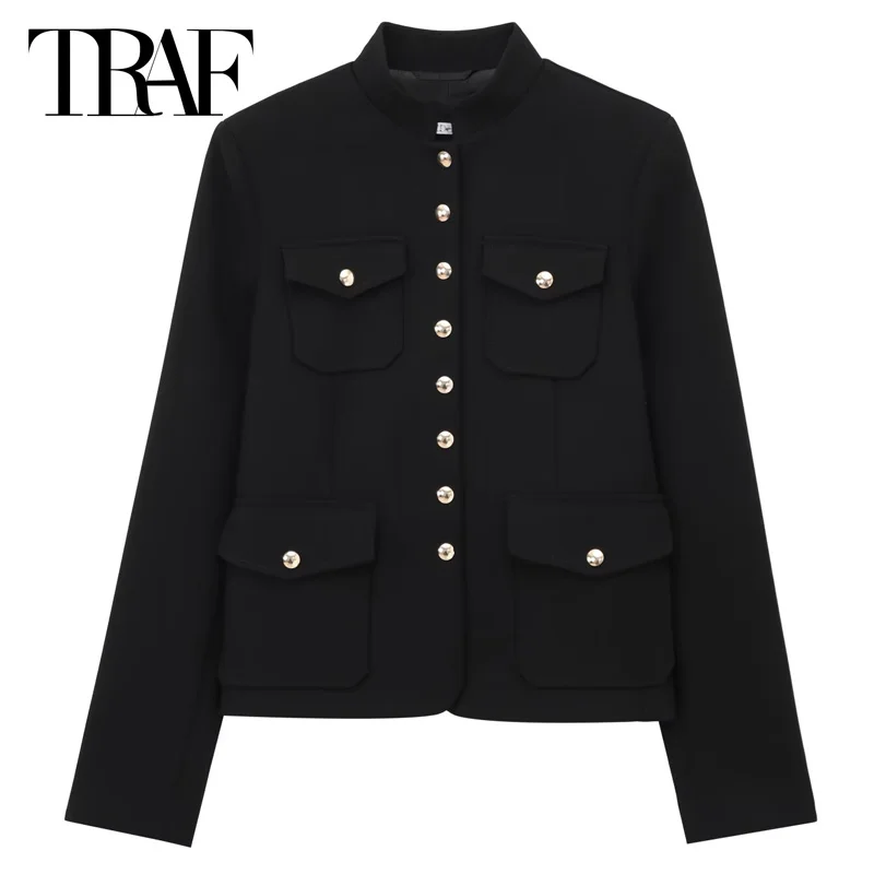 

TRAF Women's Blazer Office Wear Women Black Outerwears Woman 2025 Solid O-Neck Long Sleeve Top Women High Quality Women's Blazer