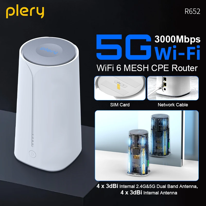 Plery 5g Router 3000Mbps Indoor CPE Router 5G LTE Router WiFi 6 MESH Routers NSA+SA 8×3 dBi Antenna 2.5Gbps WAN EU Plug 4×4 MIMO