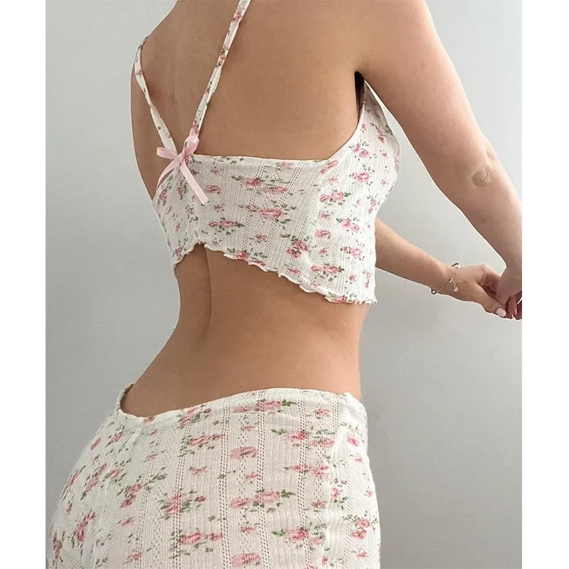 مجموعة حزام مطبوع عليه زهور مثيرة لصيف 2023 ملابس منزلية للفتيات الجميلات بتصميم من مزيج القطن وعقدة orts #2