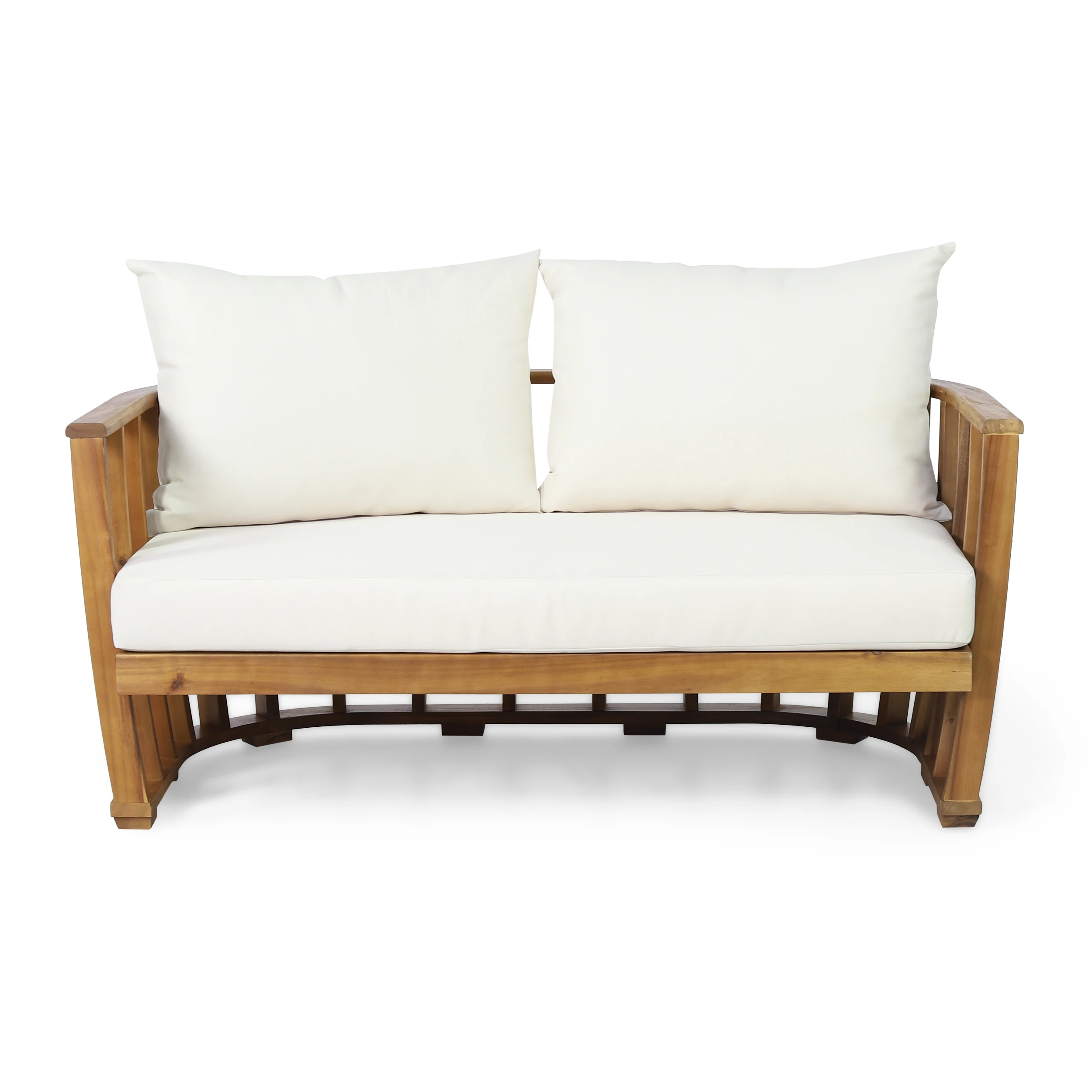 Outdoor acacia wood double sofa and coffee table set with cushion, teak, beige