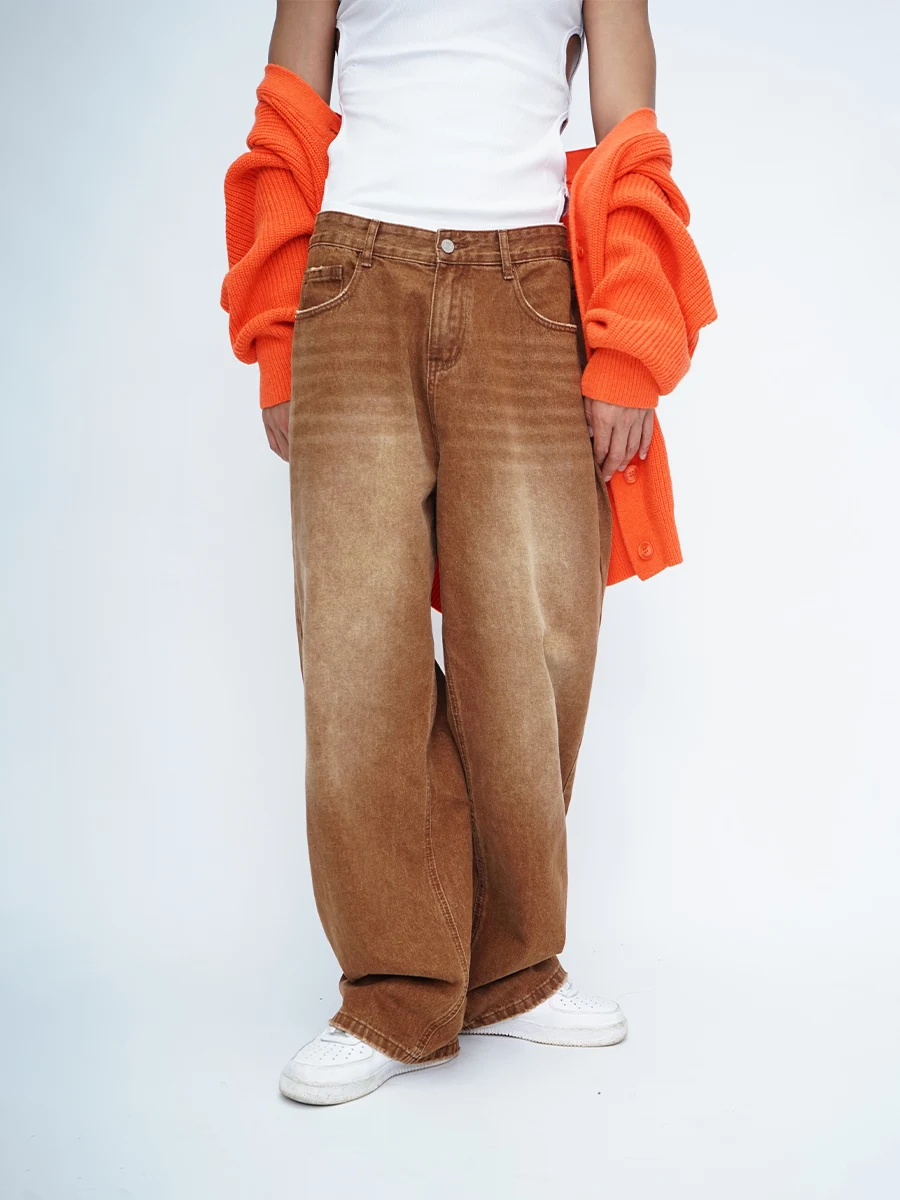 

Citylaziestplayer Brown Mustache Retro Design Loose Wide Leg Jeans Men Casual Washed Long Pants Youthful Trendy Brand