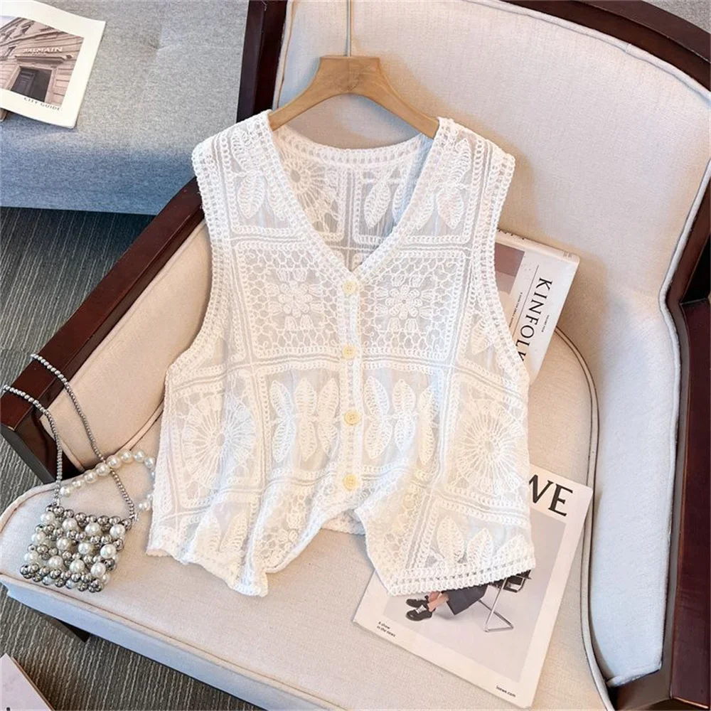 Japanese Design Vest Women's French Style Crochet Lace Vest White Sleeveless Summer Jackets Coat Hollow Out V Neck Knit Vest Top