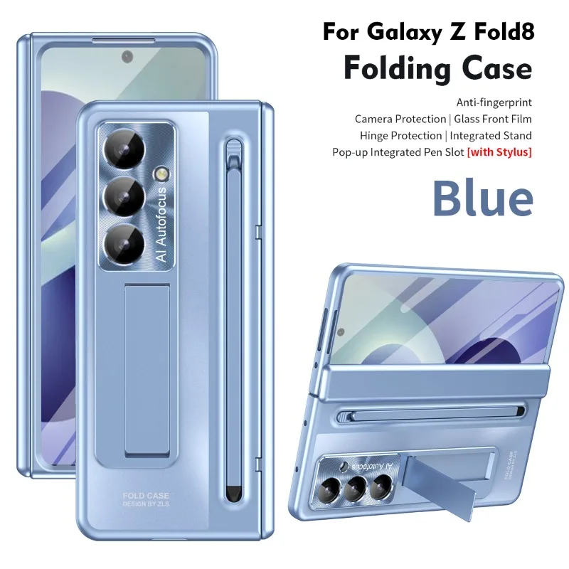 For Samsung Z Fold 8 Ultra Case Kickstand Tempered Glass Film Pop-Up Pen Slot with Stylus Hinge Lens Protection Shockproof Cover