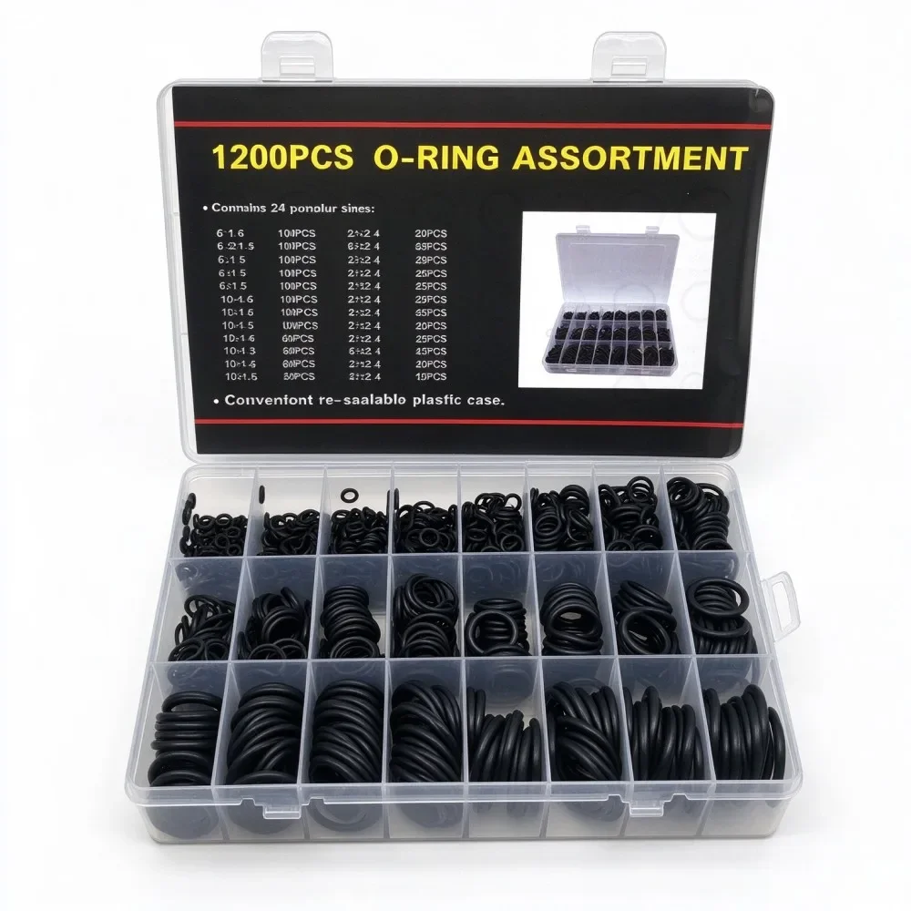 NBR O Rings Assortment Kit 1200Pcs Black Nitrile Rubber O-Ring Set CS 1.5-3.1mm OD 6-28mm Oil Wear Resistant Waterproof Sealing