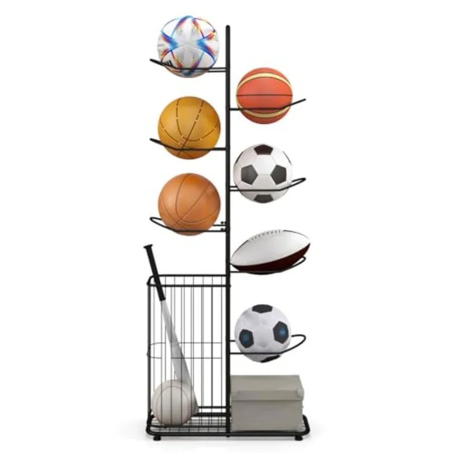 

Sports Equipment Organizer Basketball Rack 7-Tier with Removable Hanging Rods Side Ball Basket Adjustable Foot Pads Sports Orga