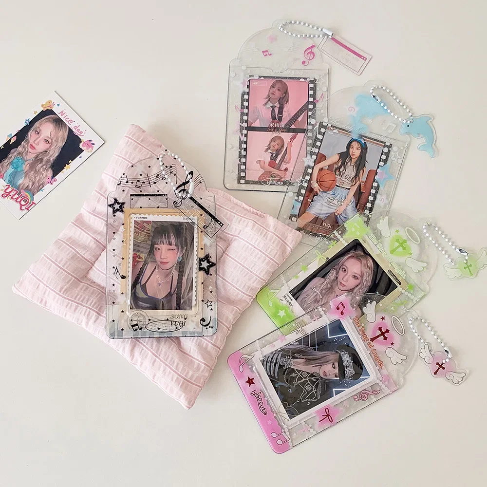 Clear Glitter Star & Dolphin 3-Inch Photocard Holder, Cartoon Hanging Card Charm, Metro Card Sleeve for Students & Fans
