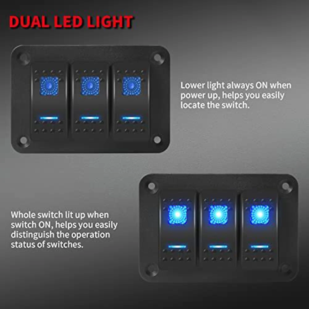 Robust Marine Electrical Control Solution 12V Waterproof Panel Featuring Three Illuminated Rocker Switches for Safety