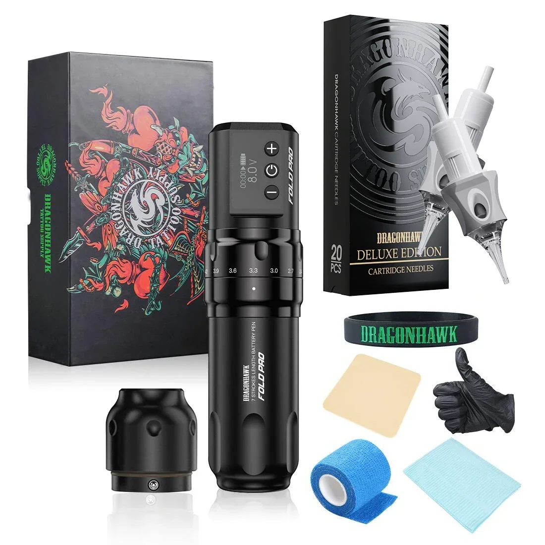 

Dragonhawk Fold Pro Adjustable 7 Stroke Length Wireless Rotary Tattoo Machine Battery and RCA Adapter with Tattoo Cartridge Kit