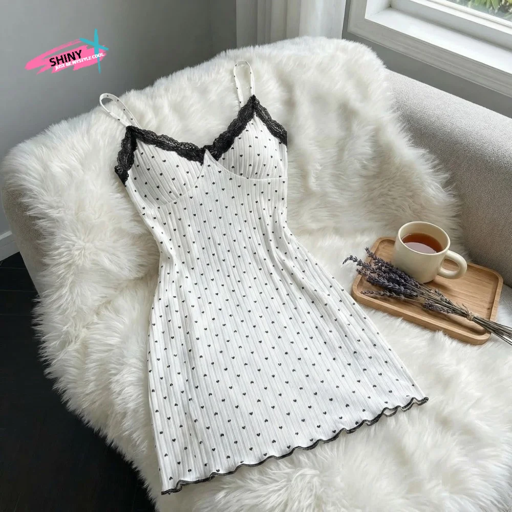 

Love Heart Print Women Heart Pajama Dress Slim Fit V Neck Suspender Lace Trim Camisole Nightdress Soft Sleepwear