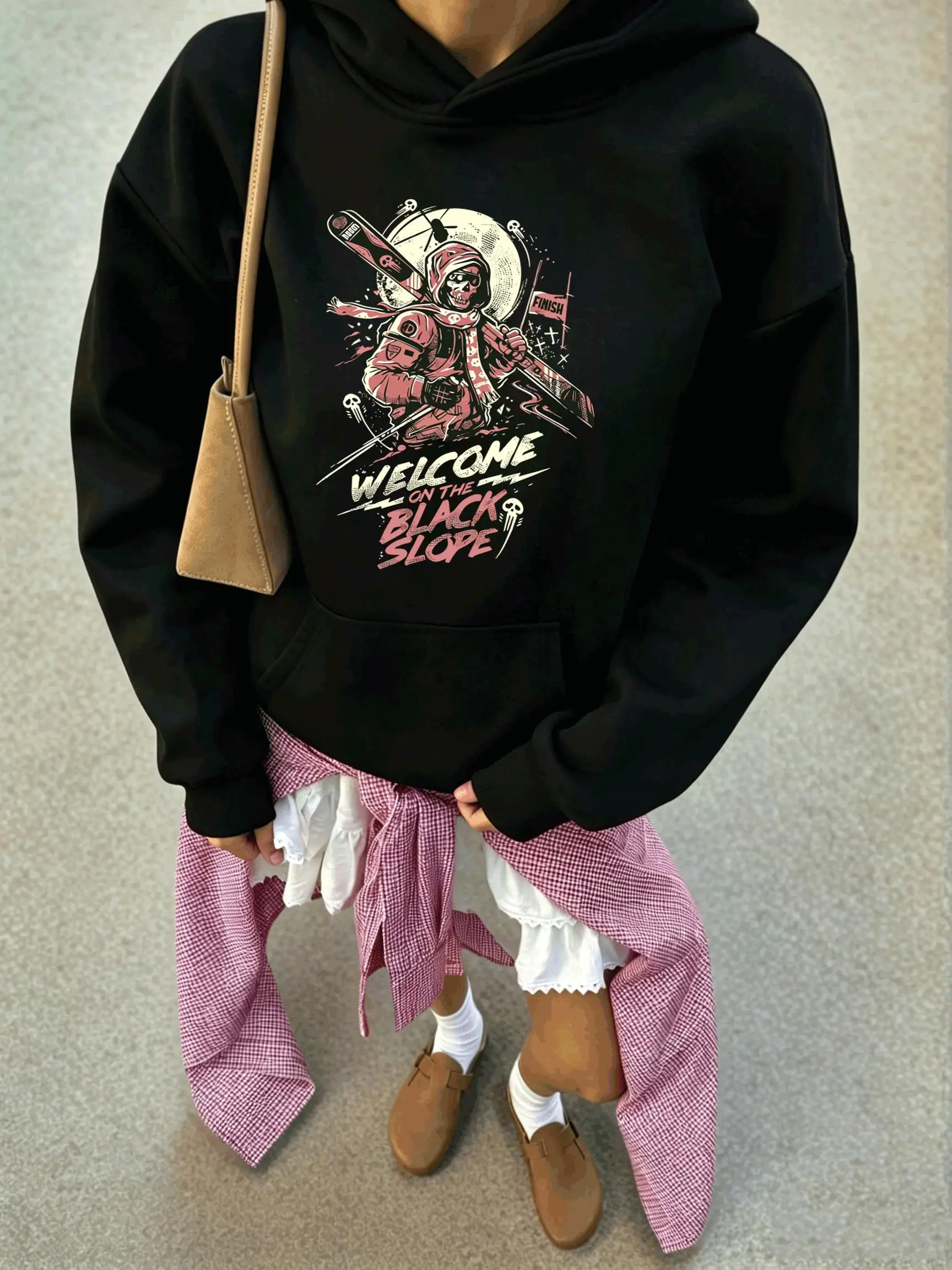 Ski Skeleton Extreme Sports Pattern Women'Ss Hoodie Loose Comfortable Pullover Cotton Autumn Sportswear Casual Heavyweight Hoody