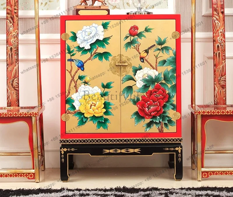 

New Chinese classical painted gold foil peony cabinet custom solid wood retro furniture