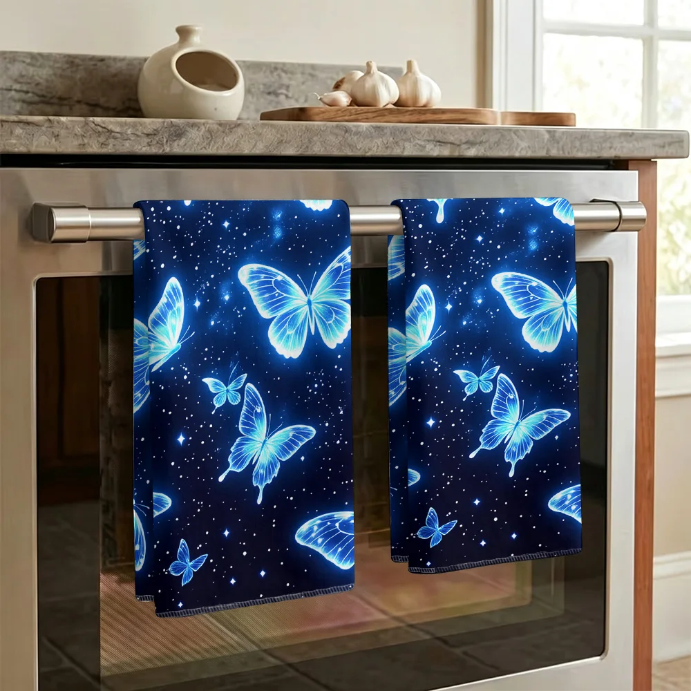 1pc/2pcs Blue Butterfly Print Kitchen Towel-Super absorbent, reusable polyester dishcloths perfect for home decor, cooking, baki