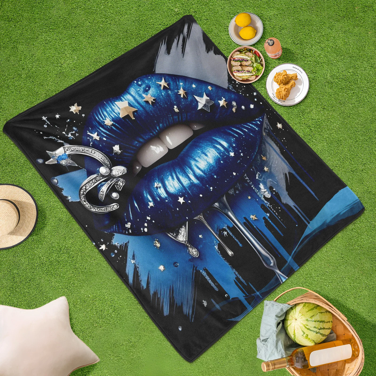 Elegant Blue Lips And Stars Glamorous Outdoor Blanket For Chic And Stunning Outdoor Experiences And Stylish Gatherings