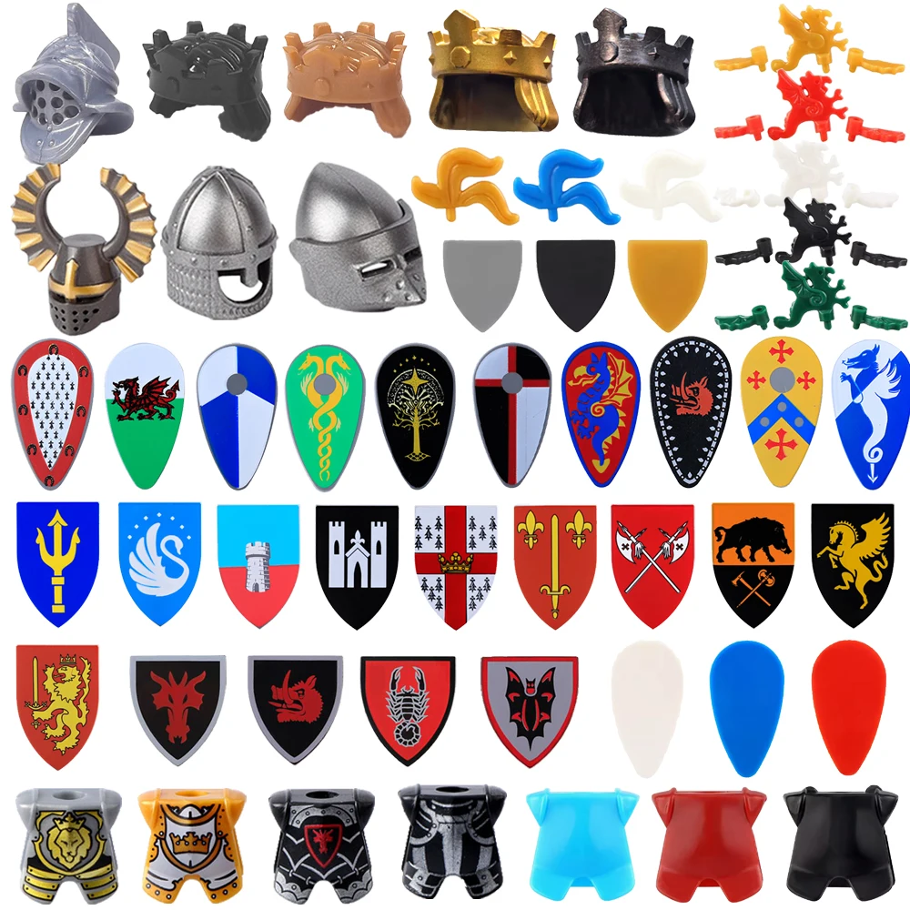 MOC Mittelalterliche Ritter Bausteine Soldat Film Figur Zubehör Helm Schild Feder Hut Weste Schulter Rüstung Mini Spielzeug Geschenk