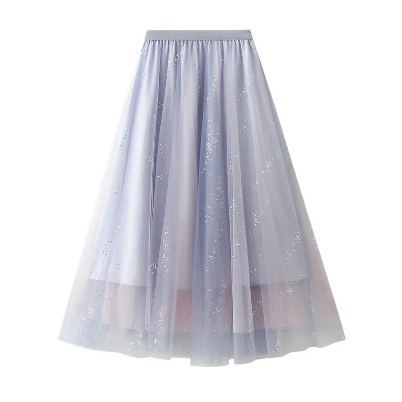 Summer midi skirt Mesh Half length Skirt  Style Big Swing A-line Skirt Sparkling Yarn Fairy Skirt High Waist Slimming Long Skirt