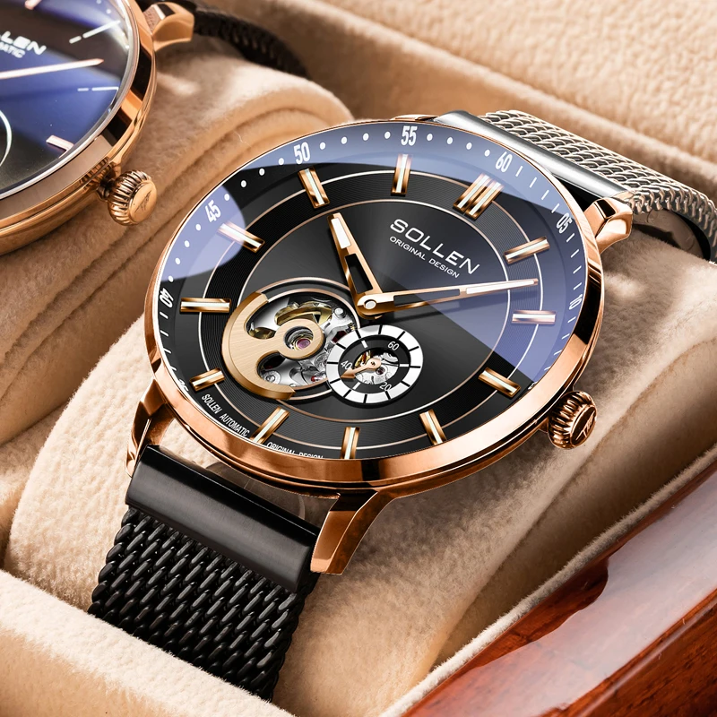 

SOLLEN-Japan MIYOTA Automatic Mechanical Watches for Men Waterproof Dual Skeleton Clocks Luminous Luxury Brand Mesh Band SL365