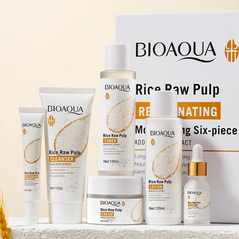 BIOAQUA 6pcs/set Rice Raw Pulp Skin Care Sets Face Cream Serum Anti wrinkle Moisturizing Facial Cleanser Toner Korean Face Care