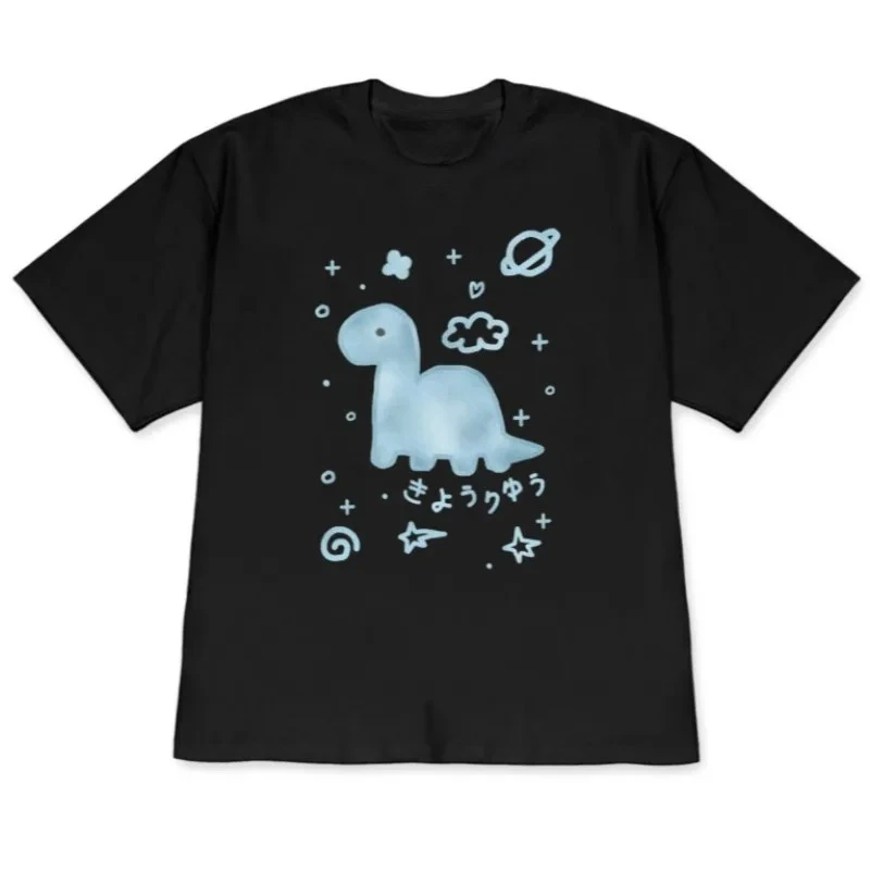 Minimalist Cute Dinosaur Doodle Graphic T-Shirt Kawaii Space Print Short Sleeve Casual Tee for Women Y2k Korean Versatile Tops