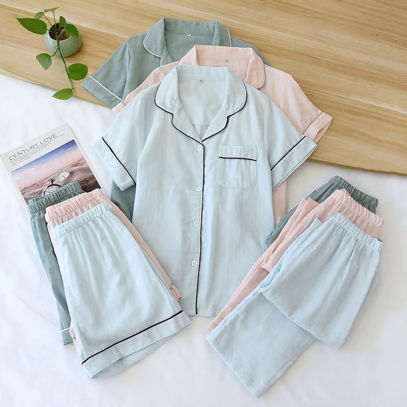 Spring and summer new women\'s pajamas three-piece set short sleeves + shorts + trousers 100% cotton gauze ladies home set