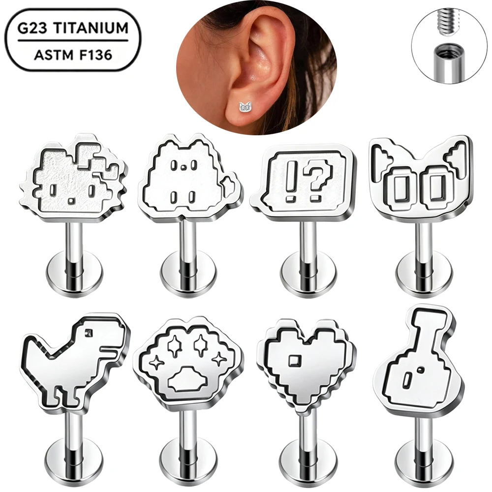 G23 ASTM F136 Titanium 16G Internal Thread Pixel Graphic Flat Back Labret Stud Tragus Helix Cartilage Ear Lip Piercing Jewelry