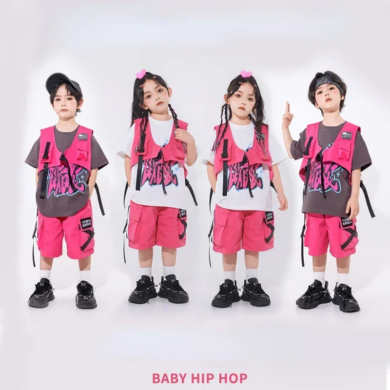 Neue Hip Hop Street Dance Kleidung für Jungen Rose Rot Weste Shorts Casual T Shirt Mädchen Jazz Leistung Kostüm Gruppe Bühne Outfits